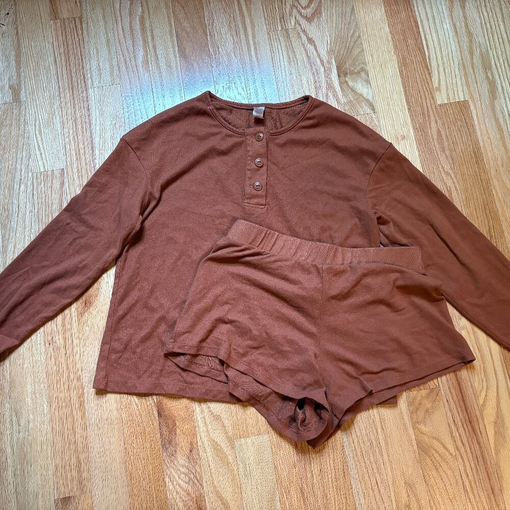 A New Day Pajama Set Burnt Orange Long Sleeve and Shorts